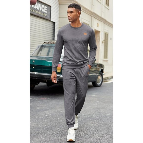 Men's 2 Piece Sweat suit Jogging Suit Set Long Sleeve Jacquard Shirt Dark Grey - Picture 5 of 6